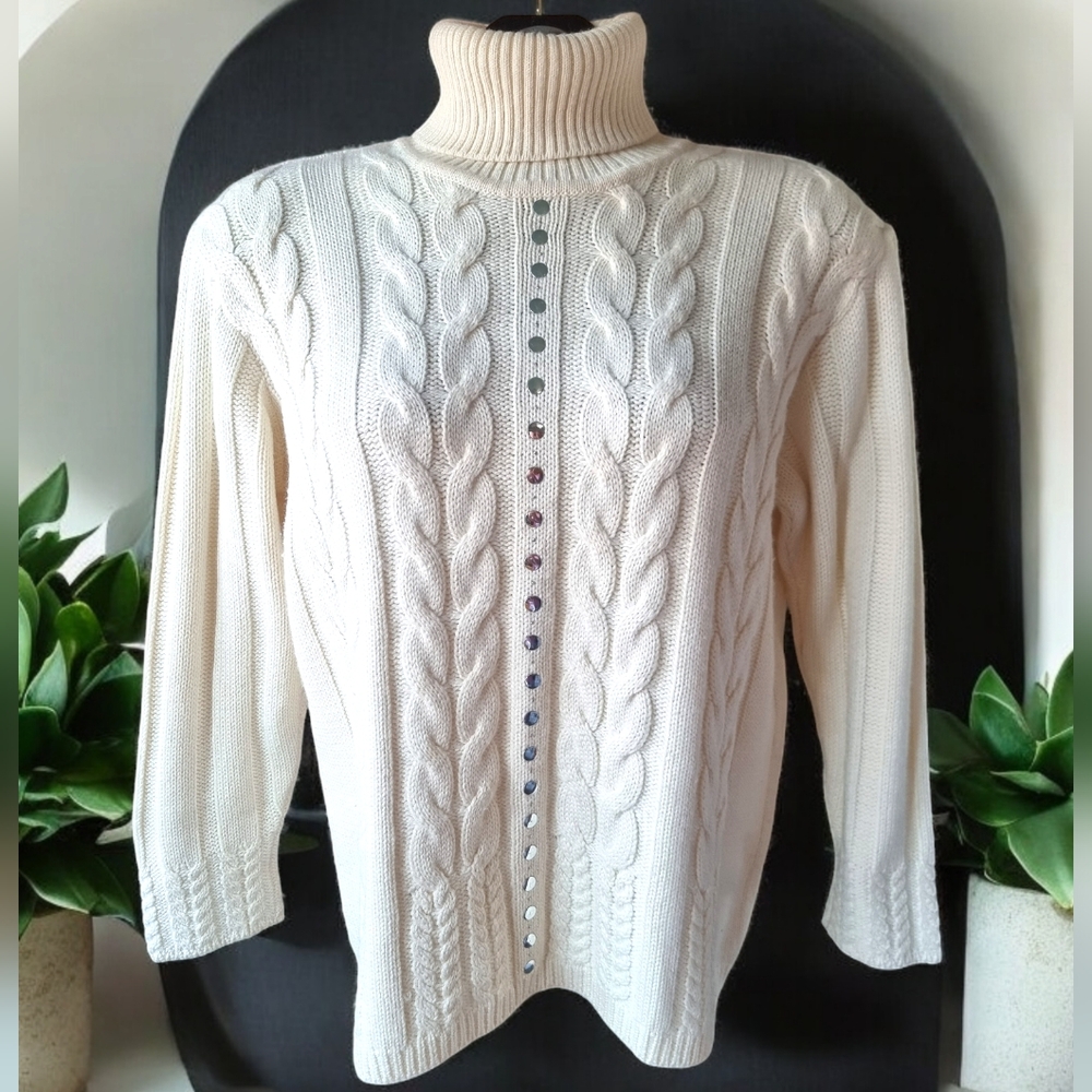 DOLCE Ivory Wool Blend Cable Knit Turtleneck Sweater